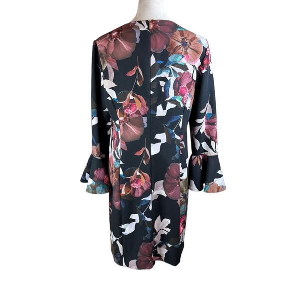 Trina Turk Panache 2 Faye Black Floral Flounce Bell Sleeve Cocktail Shift Dress - Picture 5 of 13